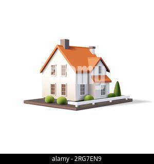 illustration vectorielle de rendu 3d d'une maison avec toit rouge, murs blancs et cour avec arbres et clôture blanche sur un morceau de terrain Illustration de Vecteur