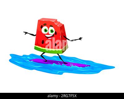 Personnage de pastèque de dessin animé surfant sur la plage. Caractère enfantin de fruits juteux, vecteur mûr isolé de pastèque personnage drôle ou vacances d'été ou mascotte comique de nourriture sucrée sur planche de surf Illustration de Vecteur