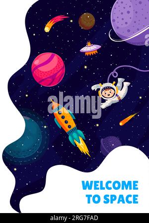 Bienvenue à l'affiche de l'espace. Homme de l'espace enfant de dessin animé dans l'espace extra-atmosphérique et fusée volante à la galaxie. Fond de vecteur avec bébé astronaute drôle ou cosmonaute volant en apesanteur explorant l'Univers Illustration de Vecteur