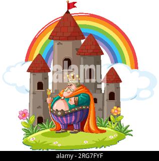Un gros dessin animé de roi grincheux se tient devant un château dans une illustration vectorielle Illustration de Vecteur