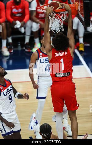 7 août 2023 : l'attaquant portoricain George Conditt IV (1 ans) joue le ballon lors de la seconde moitié du USA Basketball Showcase mettant en vedette les USA vs Porto Rico au T-Mobile Arena le 7 août 2023 à Las Vegas, NV. Christopher Trim/CSM. (Image de crédit : © Christopher Trim/Cal Sport Media) Banque D'Images