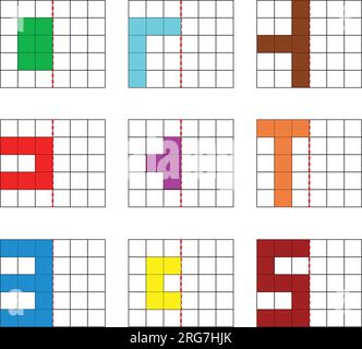 Exercice pratique : symétrie réfléchissante dans chacune de ces formes sur une grille carrée. dessin sur une feuille de mathématiques scolaire dans le monde de la géométrie. Illustration de Vecteur