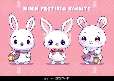 Lapins mignons de festival de lune avec lanterne. Illustration de Vecteur