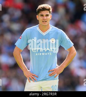 Londres, Royaume-Uni. 06 août 2023 - Arsenal v Manchester City - FA Community Shield - Stade de Wembley. Julian Alvarez de Manchester City pendant le FA Community Shield. Crédit photo : Mark pain / Alamy Live News Banque D'Images