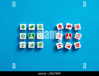 Chefs d'entreprise réussis et infructueux. Bonnes compétences en affaires et leadership efficace. Comparer des méthodes de gestion efficaces et inefficaces. Banque D'Images