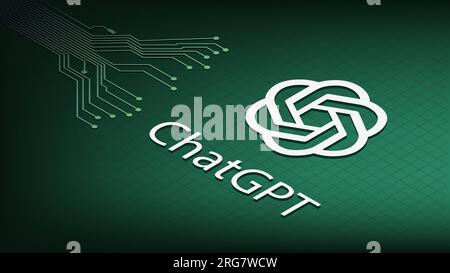 Logo du programme d'intelligence artificielle ChatGPT isométrique, société OpenAI et pistes PCB sur fond vert. Bannière d'illustration vectorielle pour les nouvelles. Illustration de Vecteur