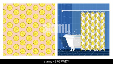 Intérieur de la salle de bains avec baignoire et rideau décoré sans couture avec cercle d'ananas. Récolte des fruits tropicaux. Illustration vectorielle, ornement Illustration de Vecteur