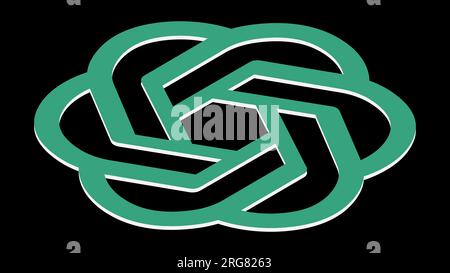 Logo du programme d'intelligence artificielle ChatGPT isométrique, société OpenAI, isolé sur fond noir. Vecteur. Banque D'Images