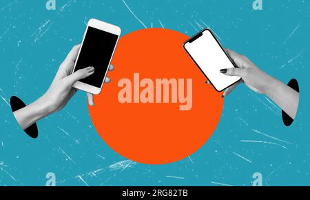 Deux mains tenant des téléphones cellulaires transfèrent de l'argent entre les comptes. Transférer de l'argent à l'aide d'un portefeuille électronique. Art moderne Design moderne Banque D'Images