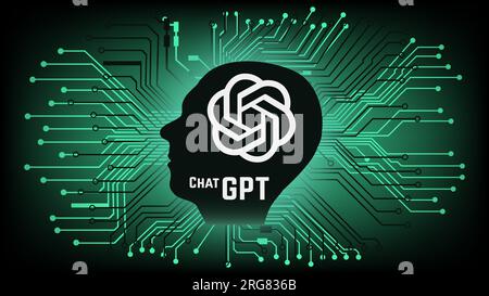 Tête humaine avec logo du programme d'intelligence artificielle ChatGPT, société OpenAI et pistes PCB sur fond vert. Bannière d'illustration vectorielle pour les nouvelles. Banque D'Images