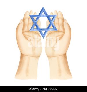 Jewish Faith Blue Star of David tenant dans les mains illustration d'aquarelle pour les dessins religieux du judaïsme Banque D'Images