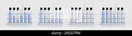 Ensemble réaliste de portoirs de tubes à essai isolés sur fond transparent. Illustration vectorielle d'équipement de laboratoire chimique avec substance liquide et compte-gouttes, verrerie de laboratoire pour l'expérience scientifique Illustration de Vecteur