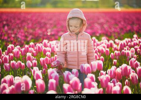 Adorable fille préscolaire dans le beau champ de tulipes en fleurs à Zuid-Holland, aux pays-Bas Banque D'Images