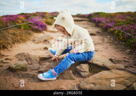 Petite fille dans les prairies de bruyère sur le Cap d'Erquy, l'une des destinations touristiques les plus populaires en Bretagne, France Banque D'Images