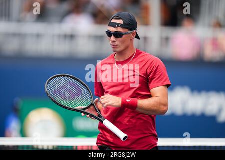 Toronto, Canada, le 05 août 2023 : Justin Boulais, du Canada, lors du jour de la ronde de qualification 1 contre Corentin Moutet, de France, au Sobeys Stadium à Toronto, Canada. Moutet a remporté le match, 6-0, 6-3. Banque D'Images