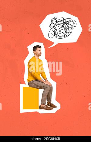 Collage d'image d'affiche de gars interrogé d'esprit brainstorm décision dilemme concept de mess isolé sur fond lumineux peint Banque D'Images