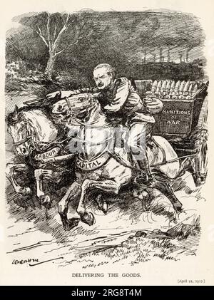 Cartoon, Delivering the Goods - le politicien britannique David Lloyd-George livrant des munitions de guerre sur des chevaux étiqueté Labour and Capital. Banque D'Images