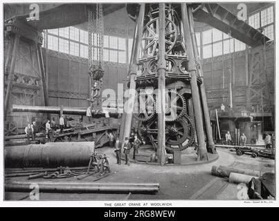 Grande grue à Woolwich Arsenal, dans le sud-est de Londres, Londres, reposant dans les terres marécageuses entre Greenwich et Gravesend. La majorité des canons lourds pour la marine et des canons légers pour l'armée ont été fabriqués à Woolwich et aussi une énorme quantité de matériel de guerre divers de toutes sortes a été stockée dans l'Arsenal. Banque D'Images