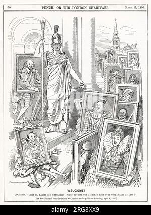 Cartoon, Bienvenue ! Britannia: "Entrez, Mesdames et Messieurs! Heureux de vous donner enfin un toit décent au-dessus de vos têtes!". Un commentaire sur l'ouverture de la National Portrait Gallery le samedi 4 avril 1896. Banque D'Images