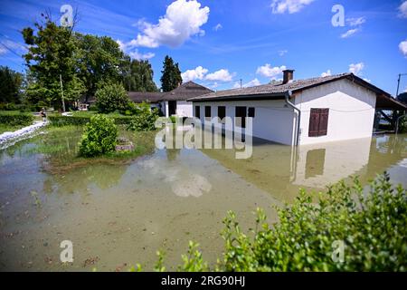 Soderica, Croatie. 08 août 2023. Les gens combattent la haute rivière Drava qui flottait des maisons près du lac Soderica à Koprivnica, Croatie le 08. Août 2023. Photo : Igor Soban/PIXSELL crédit : Pixsell/Alamy Live News Banque D'Images