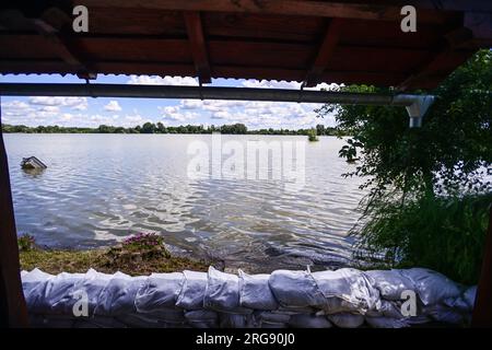 Soderica, Croatie. 08 août 2023. Les gens combattent la haute rivière Drava qui flottait des maisons près du lac Soderica à Koprivnica, Croatie le 08. Août 2023. Photo : Igor Soban/PIXSELL crédit : Pixsell/Alamy Live News Banque D'Images