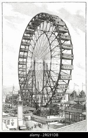 Attraction à l'exposition universelle de Chicago, conçue et construite par George Washington Gale Ferris Jr La grande roue nommée Chicago Wheel, avait trente-six voitures pendulaires, chacune pouvant accueillir quarante passagers, transportant 1 440 personnes à sa hauteur. Banque D'Images