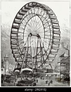 Attraction à l'exposition universelle de Chicago, conçue et construite par George Washington Gale Ferris Jr La grande roue nommée Chicago Wheel, avait trente-six voitures pendulaires, chacune pouvant accueillir quarante passagers, transportant 1 440 personnes à sa hauteur. Banque D'Images