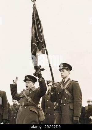 Deux hommes sans nom ont risqué leur vie dans un exploit audacieux de se tenir sur le tarmac d'un aérodrome anglais pour saluer le drapeau de l'armée de l'air belge, un symbole des hommes libres. Le drapeau a été donné par le roi des Belges à l'armée de l'air belge, mais lorsque les lignes alliées ont rompu en 1940, les ordres allemands ont été de brûler le drapeau. Désobéissant aux ordres, les officiers de l'Armée de l'Air ont bourré le drapeau dans une affaire en coquille et l'ont enterré dans les bois, où il a été plus tard récupéré par un observateur de l'Armée de l'Air belge. Banque D'Images