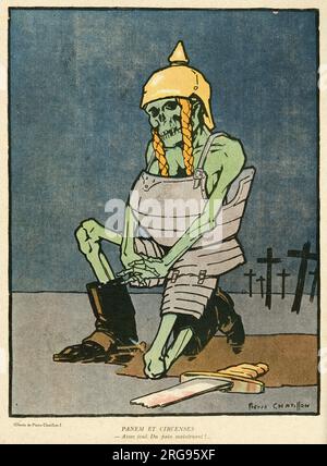 Dessin animé, pain et cirques. La figure de la mort s'agenouille par son épée cassée. Il dit qu'il en a assez fait maintenant, et qu'il aimerait manger du pain. Banque D'Images