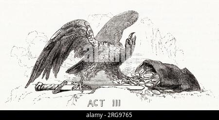 Illustration de Kenny Meadows à Cymbeline, par William Shakespeare. Illustration d'introduction à l'acte III, montrant un aigle (symbolisant l'empereur romain) avec un sac de pièces (symbolisant l'argent de tribut exigé par Rome du roi britannique). Banque D'Images