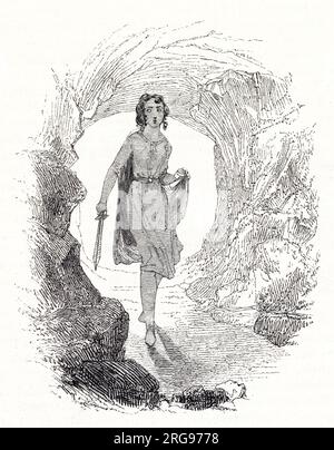 Illustration de Kenny Meadows à Cymbeline, par William Shakespeare. Imogen déguisé en garçon, nommé Fidele. Banque D'Images