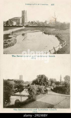 Vue sur la rivière Ravensbourne et St. Mary's Church, Ladywell, Lewisham, Londres en 1874 et 1904. Banque D'Images
