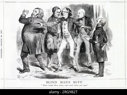 Cartoon, Blind Man's Buff -- un commentaire satirique sur les efforts de Disraeli pour faire avancer ses idées pour la réforme électorale. Son projet de loi réformiste a été modifié par des amendements lorsqu'il a été adopté à la Chambre des communes. Banque D'Images