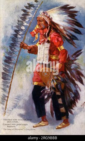 Le Mighty Megissogwon 'strié de cramoisi, bleu et jaune, Crested avec de grandes plumes d'aigle'. - 'The Song of Hiawatha' de Henry Wadsworth Longfellow (1855). Banque D'Images