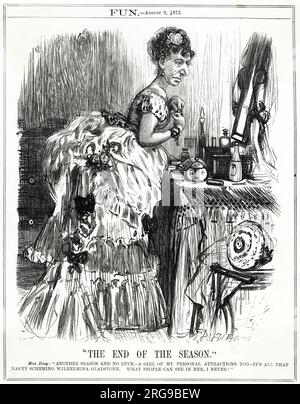 Cartoon, la fin de la saison - Benjamin Disraeli (Miss Dizzy), déguisé en débutante, se prépare pour le dernier événement de la saison. Elle/il se plaint que personne ne semble s'être intéressé à elle, et blâme tout cela sur Wilhelmina Gladstone. Banque D'Images