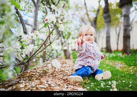 Une fille d'un an assise sur le sol près des pommiers en pleine floraison un jour de printemps. Petit enfant profitant du printemps Banque D'Images