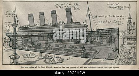 Une impression de RMS Titanic, montrant sa taille comparée aux bâtiments de Trafalgar Square, Londres. À gauche de l'image, on peut voir les bureaux de la White Star Line dans Cockspur Street. Banque D'Images