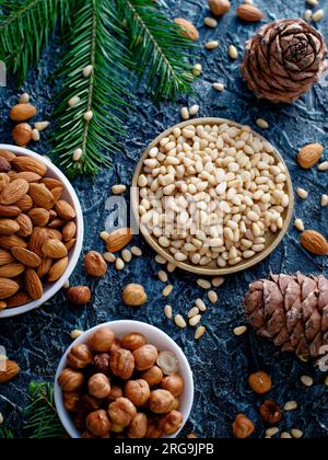 Noix décortiquées assorties dans des bols. Noisettes, amandes et pignons de pin. Nature morte du placer de noix. Vue de dessus. Contexte. Banque D'Images