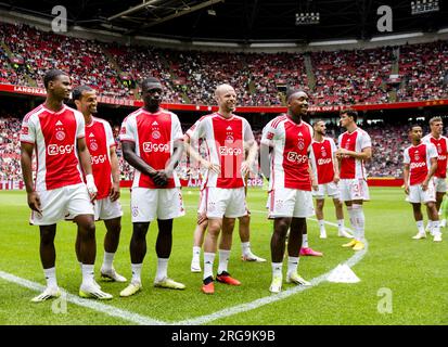 AMSTERDAM - Owen Wijndal, Brian Bobbey, Davy Klaassen et Steven Bergwijn lors de la journée portes ouvertes de l'Ajax dans la Johan Cruijff Arena. ANP SEM VAN DER WAL Banque D'Images