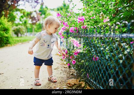 Adorable petite fille à l'extérieur dans le parc sur une journée ensoleillée. Tout-petit regardant les fleurs. Enfant explorant la nature Banque D'Images