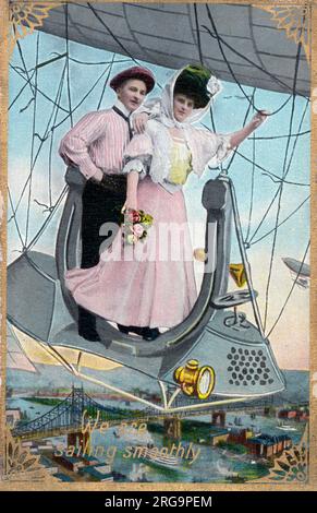 « Nous naviguons en douceur » - Fantasy card - couple prend un vol en hydroglisseur plutôt haussant les cheveux au-dessus du Queensboro Bridge (également connu sous le nom de 59th Street Bridge et officiellement nommé Ed Koch Queensboro Bridge), New York, États-Unis. Banque D'Images