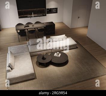 Salon intérieur minimaliste gris moderne avec grand canapé modulaire gris, arrière-plan panoramique avec éclairage de nuit et îlot de cuisine en marbre sombre. 3d Banque D'Images