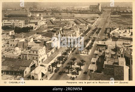 Casablanca, Maroc - vue panoramique sur le port et le boulevard des 4th Zouaves. Banque D'Images