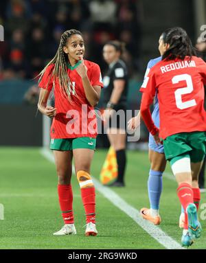 Adélaïde, Australie. 8 août 2023. La marocaine Fatima Tagnaout réagit lors du match de la ronde de 16 entre la France et le Maroc lors de la coupe du monde féminine de la FIFA 2023 à Adélaïde, Australie, le 8 août 2023. Crédit : Ding Ting/Xinhua/Alamy Live News Banque D'Images