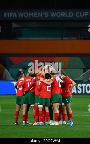 Adélaïde, Australie. 8 août 2023. Les joueuses du Maroc se réjouissent avant le match de la ronde de 16 entre la France et le Maroc à la coupe du monde féminine de la FIFA 2023 à Adélaïde, Australie, le 8 août 2023. Crédit : Li Yibo/Xinhua/Alamy Live News Banque D'Images