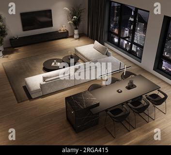 Salon intérieur minimaliste gris moderne avec grand canapé modulaire gris, fenêtres panoramiques vue nocturne sur la ville et îlot de cuisine en marbre. Simulez un téléviseur vide Banque D'Images