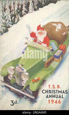 Couverture avant d'un TSB Christmas Annual 1946, avec un Père Noël très moderne choisissant de livrer des cadeaux en voiture. Banque D'Images