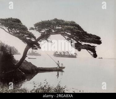 Bateau sur un lac sous un arbre de balayage, Japon, fin du 19th siècle. Banque D'Images