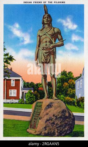 Massasoit - une statue du sculpteur américain Cyrus Dallin sur Coles Hill à Plymouth, Massachusetts. Il a été achevé en 1921 pour marquer le trois centième anniversaire de l'atterrissage des pèlerins. La sculpture est destinée à représenter le chef du Pokanoket Massasoit accueillant les pèlerins à l'occasion de la première action de grâce. Plymouth est la plus ancienne colonie anglaise d'Amérique et le berceau de la République. Sur 11 décembre 1620 les Pères pèlerins ont établi un gouvernement à Plymouth basé sur des prnciples qui étaient le gensis des institutions américaines. Banque D'Images