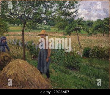 Jardinier debout près d'une Haystack, ciel couvert, Éragny 1899 de Camille Pissarro Banque D'Images